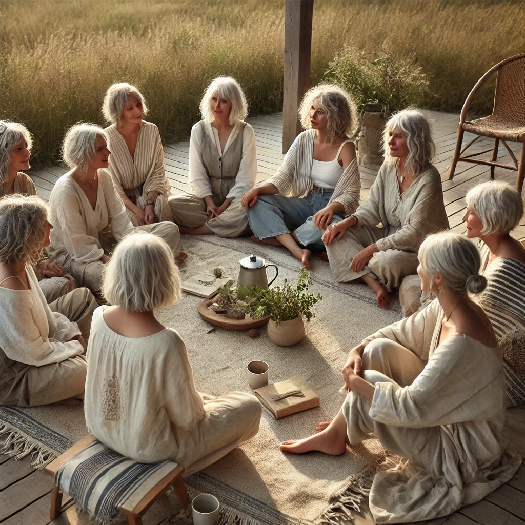 DALL·E 2025-07-23 11.36.34 – A modern, authentic visual of a women’s circle for women aged 50+, sitting together in a relaxed, natural setting. The scene is set outdoors in a peac